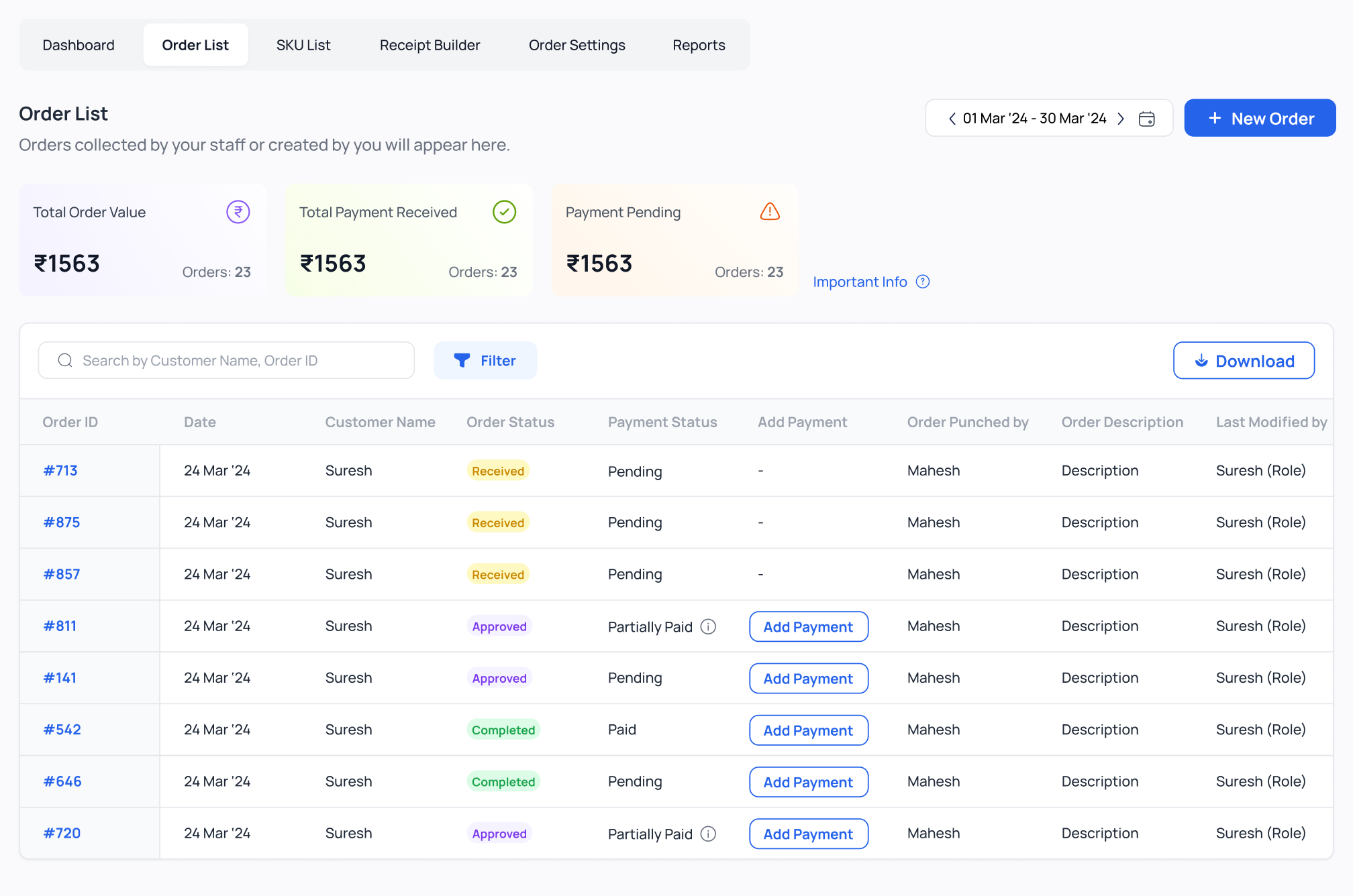 The Order List with order status, payment status and Add Payment against each row